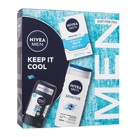 Nivea Men Keep It Cool pánský dárková sada antiperspirant Invisible Black & White Fresh 50 ml + balzám po holení Men Sensitive Cool 100 ml + sprchový gel Men Sensitive 250 ml pro muže