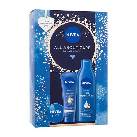 Nivea All About Care dámský dárková sada univerzální krém Creme 30 ml + krém na ruce Intensive Moisture 100 ml + tělové mléko Rich Nourishing 250 ml pro ženy