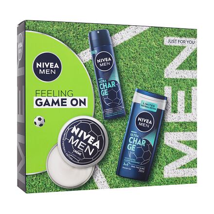 Nivea Men Feeling Game On pánský dárková sada krém na obličej, tělo a ruce Men Creme 150 ml + antiperspirant Men Ultra Charge 150 ml + sprchový gel Men Ultra Charge 250 ml pro muže