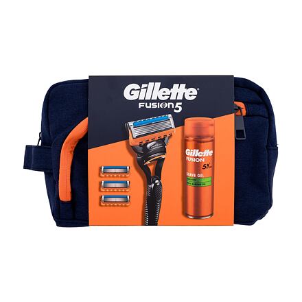 Gillette Fusion5 pánský dárková sada holicí strojek Fusion5 1 ks + náhradní hlavice Fusion5 3 ks + gel na holení Fusion Shave Gel Sensitive 200 ml + kosmetická taštička pro muže