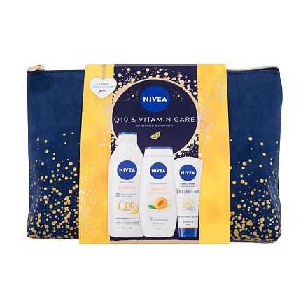 Nivea Q10 & Vitamin Care dámské dárková sada tělové mléko Q10 Vitamin C Firming 400 ml + sprchový gel Apricot & Apricot Seed Oil 250 ml + krém na ruce Q10 Anti-Age 100 ml + kosmetická taštička pro ženy