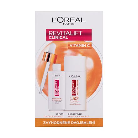L'Oréal Paris Revitalift Clinical Pure 12% Vitamin C unisex dárková sada pleťové sérum Revitalift Clinical Vitamin C Serum 30 ml + denní pleťový krém Revitalift Clinical Vitamin C Anti-UV Fluid SPF50 50 ml unisex