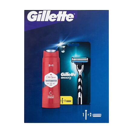 Gillette Mach3 pánský dárková sada holicí strojek 1 ks + náhradní hlavice 1 ks + sprchový gel a šampon Old Spice Whitewater 3in1 250 ml pro muže poškozená krabička
