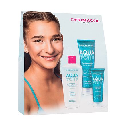 Dermacol Aqua dámský dárková sada pleťový krém Aqua Moisturizing Rich Cream 50 ml + mycí gel na obličej Aqua Face Cleansing Gel 150 ml + dvoufázový odličovač Aqua Oil-Infused Make-Up Remover 200 ml pro ženy