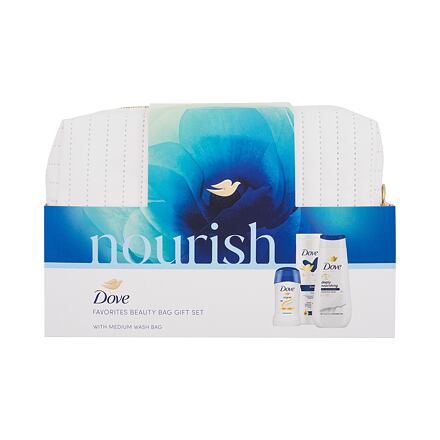 Dove Nourish Favorites Beauty Bag dámský dárková sada sprchový gel Advanced Care Deeply Nourishing 225 ml + tělové mléko Essential Care 250 ml + tuhý antiperspirant Original 48H 40 ml + kosmetická taštička pro ženy