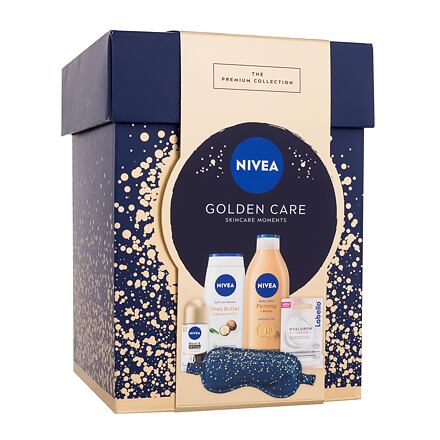 Nivea Golden Care Skincare Moments dámské dárková sada tělové mléko Q10 Firming Bronze 400 ml + sprchový gel Shea Butter & Botanical Oil 250 ml + antiperspirant Black & White Invisible Silky Smooth 50 ml + balzám na rty Labello Hyaluron Rosé 5,2 g + satén