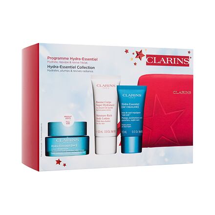 Clarins Hydra-Essentiel [HA²] Collection dámský dárková sada denní pleťový krém Hydra-Essentiel Silky Cream 50 ml + noční pleťový krém Hydra-Essentiel Night Care 15 ml + tělové mléko Moisture-Rich Body Lotion 30 ml + červená kosmetická taštička pro ženy