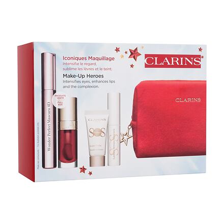 Clarins Make-up Heroes dámská odstín černá dárková sada řasenka Wonder Perfect Mascara 4D 8ml + olej na rty Lip Comfort Oil 7 ml 03 Cherry + podkladová báze SOS Primer White 5 ml + podkladová báze a sérum pod řasenku SOS Lashes Serum Mascara 3 ml + kosmet